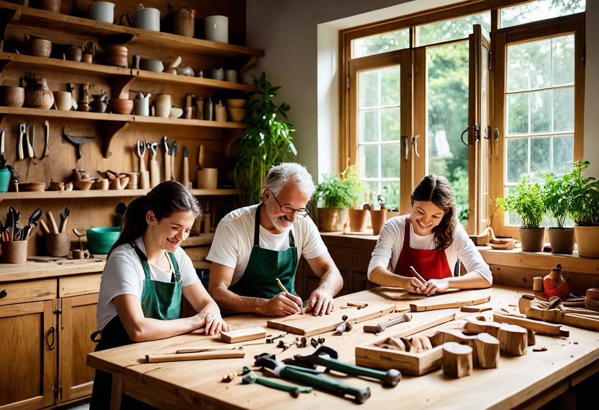 A joyful craftsman family working together in a bright, sunlit workshop, surrounded by various handmade wooden creations. Show the family's smiling faces as they expertly carve and assemble their crafts, with tools and wood shavings scattered around. Include a background of vibrant greenery visible through an open window, symbolizing their connection to nature and quality craftsmanship. The atmosphere should be warm and inviting, radiating happiness and creativity. super-realistic. vibrant colors. warm ambiance.