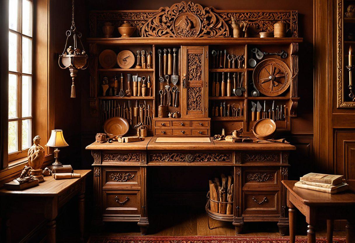 A beautifully handcrafted wooden piece, intricately carved, showcases the artistry of the Fleischauer legacy. In the background, a warm, inviting workshop filled with traditional tools and soft light highlights the craftsmanship. Surrounding elements include vintage photographs of artisans at work, emphasizing the connection to tradition. The color palette is rich and earthy, with warm browns and golds enhancing the nostalgic feel. super-realistic. vibrant colors. soft lighting.